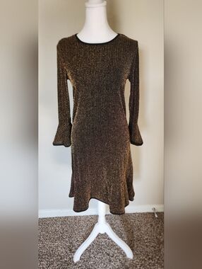Women's Metallic Ribbed Long-Sleeve Dress - Gold/Black